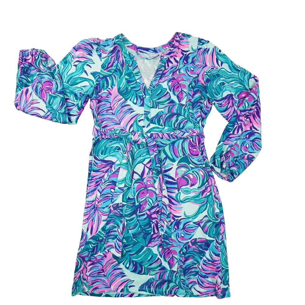 Lilly Pulitzer Bedelia Dress Women's Medium Seasalt Blue Don't Wanna Leaf Sash